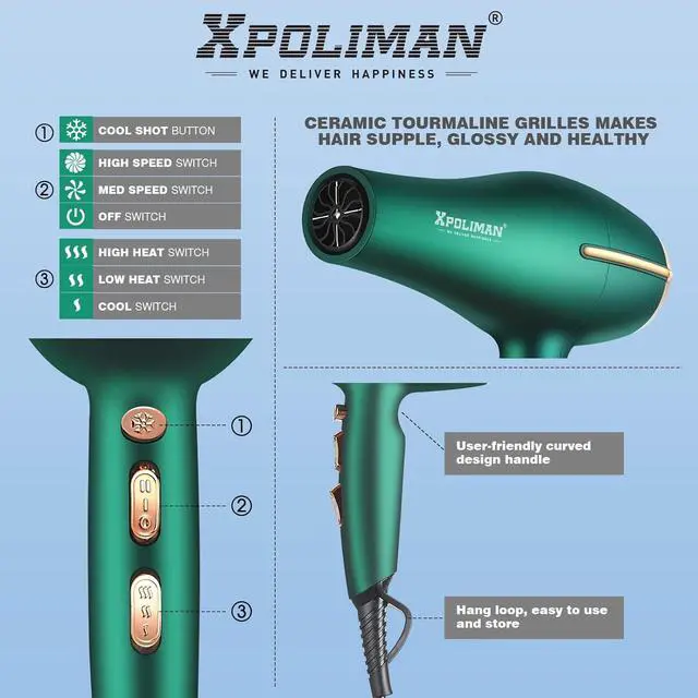 Alt view image 3 of 6 - Pro Ionic Salon Hair Dryer,Xpoliman Blow Dryer,Powerful 2000 Watt with AC Motor,Quick Drying Hairdryers Diffuser Fast Dryer Lightweight Best Soft Touch Body -Green & Gold