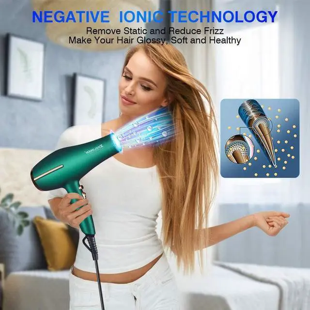 Alt view image 6 of 6 - Pro Ionic Salon Hair Dryer,Xpoliman Blow Dryer,Powerful 2000 Watt with AC Motor,Quick Drying Hairdryers Diffuser Fast Dryer Lightweight Best Soft Touch Body -Green & Gold
