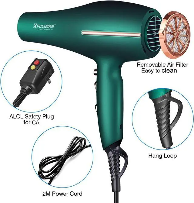 Alt view image 2 of 6 - Pro Ionic Salon Hair Dryer,Xpoliman Blow Dryer,Powerful 2000 Watt with AC Motor,Quick Drying Hairdryers Diffuser Fast Dryer Lightweight Best Soft Touch Body -Green & Gold