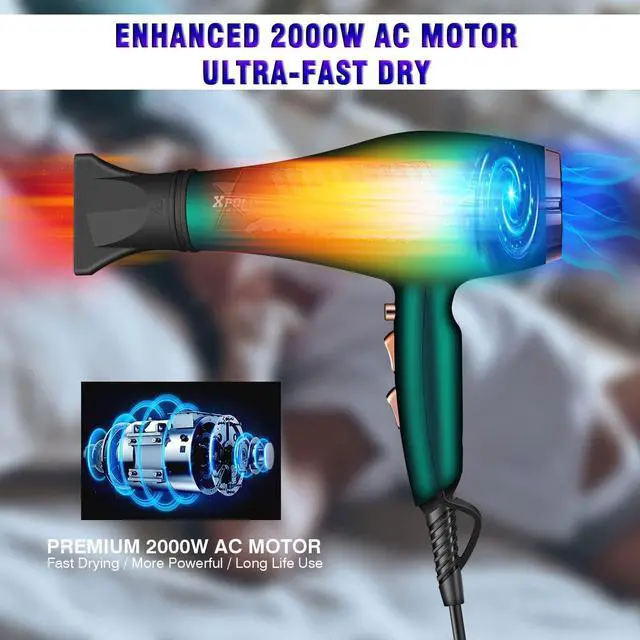 Alt view image 5 of 6 - Pro Ionic Salon Hair Dryer,Xpoliman Blow Dryer,Powerful 2000 Watt with AC Motor,Quick Drying Hairdryers Diffuser Fast Dryer Lightweight Best Soft Touch Body -Green & Gold