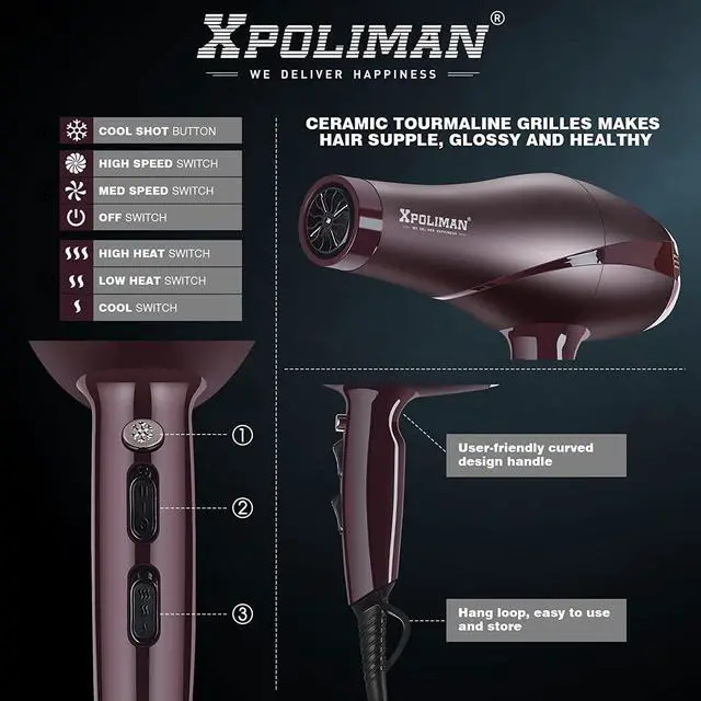 Alt view image 3 of 6 - Xpoliman 2000 Watt Hair Dryer, Negative Ionic Blow Dryer with Diffuser Concentrator Comb, 2 Speed 3 Heat Settings, Low Noise Long Life Style-Brown/Purple