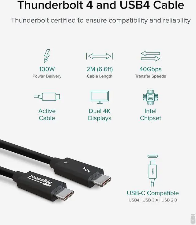 Alt view image 2 of 7 - Plugable Thunderbolt 4 Cable [Thunderbolt Certified] 6.6ft USB4 Cable with 100W Charging, Single 8K or Dual 4K Displays, 40Gbps Data Transfer, Compatible with Thunderbolt 4, USB4, Thunderbolt 3, USB-C