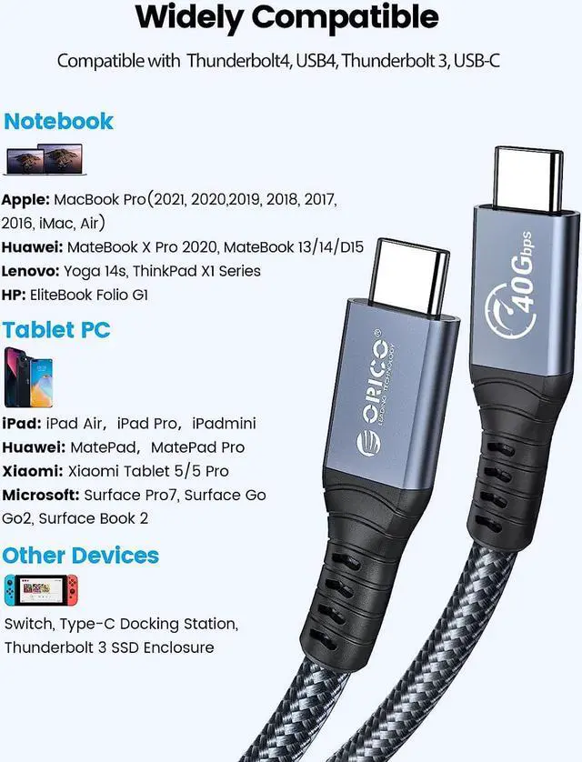 Alt view image 7 of 7 - Cable Compatible with Thunderbolt 4 Cable 6.56Ft (2 Meters) ORICO 40Gbps USB C to USB C Cable Support 100W Charging/Display 8K@ 60Hz for MacBooks,iPad Pro, Thunderbolt 4/3 Hub, Docking and More