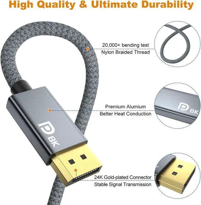 Alt view image 6 of 7 - 8K Mini DisplayPort to DisplayPort Cable 6.6ft, ULT-WIIQ Mini DP to DP 1.4 Cable, Support 8K@60Hz, 4K@144Hz, 2K@240Hz, Gold-Plated Thunderbolt 2 to DP Cord for MacBook Air/Pro, Surface Pro, Monitor