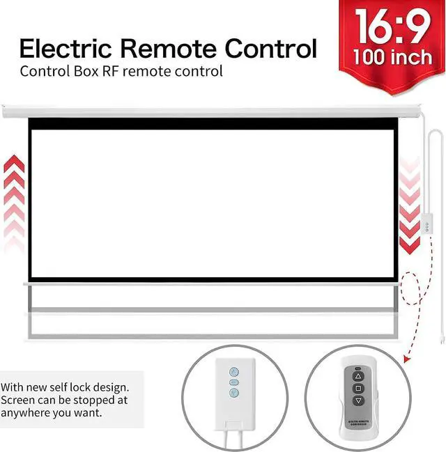 Alt view image 6 of 7 - YODOLLA 100inch Motorized Projection Screen, 16:9 4K 3D HD Electric Projector Screen, Wall/Ceiling Mounted White Projection Screen with Two Remote Controls for Indoor & Outdoor Use
