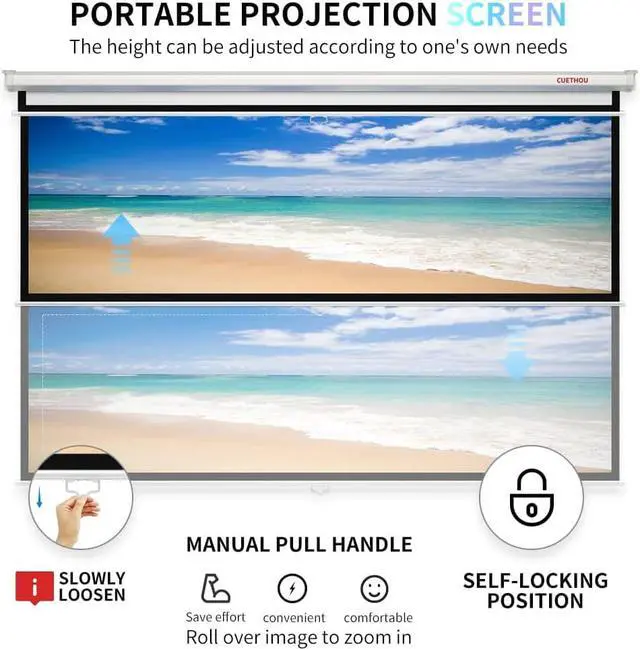 Alt view image 3 of 7 - Projector Screen Manual Pull Down 100 inch 16:9 Auto Locking Indoor Outdoor 4K Ultra HD Wide Viewing Angle Wrinkle-Free Design Projection Screen Easy to Clean for Home Theater Office School by CUETHOU
