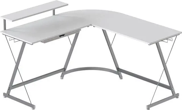 Alt view image 4 of 7 - SHW 51 x 51 Inches Vista L-Shaped Desk with Monitor Stand and Drawer, White