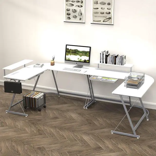 Alt view image 2 of 7 - SHW 51 x 51 Inches Vista L-Shaped Desk with Monitor Stand and Drawer, White