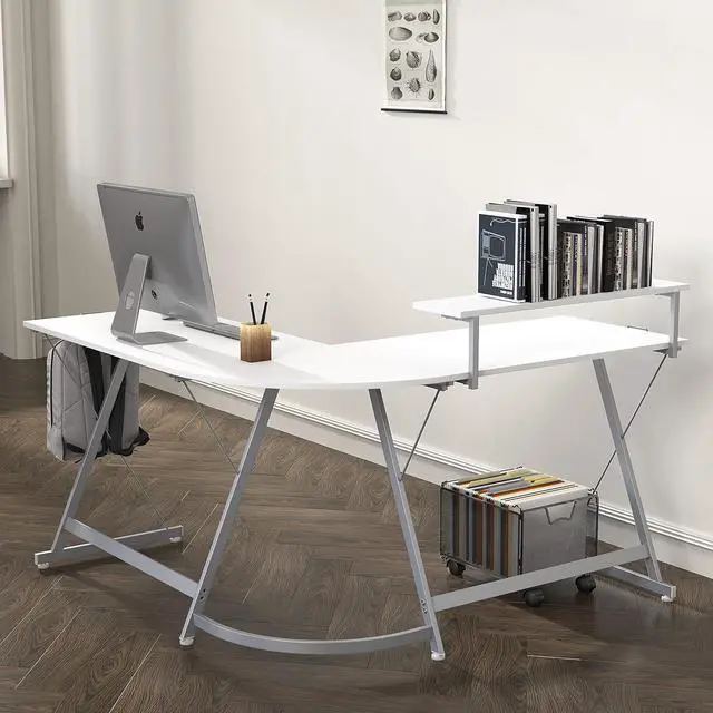 Alt view image 5 of 7 - SHW 51 x 51 Inches Vista L-Shaped Desk with Monitor Stand and Drawer, White