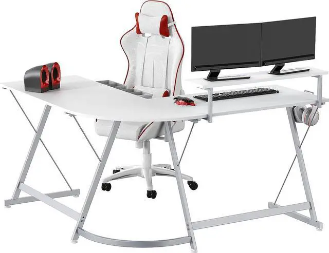 Alt view image 7 of 7 - SHW 51 x 51 Inches Vista L-Shaped Desk with Monitor Stand and Drawer, White