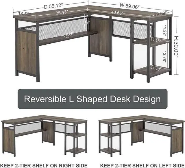 Alt view image 3 of 7 - FATORRI L Shaped Computer Desk, Industrial Home Office Desk with Shelves, Reversible Wood and Metal Corner Desk (Walnut Brown, 59 Inch)