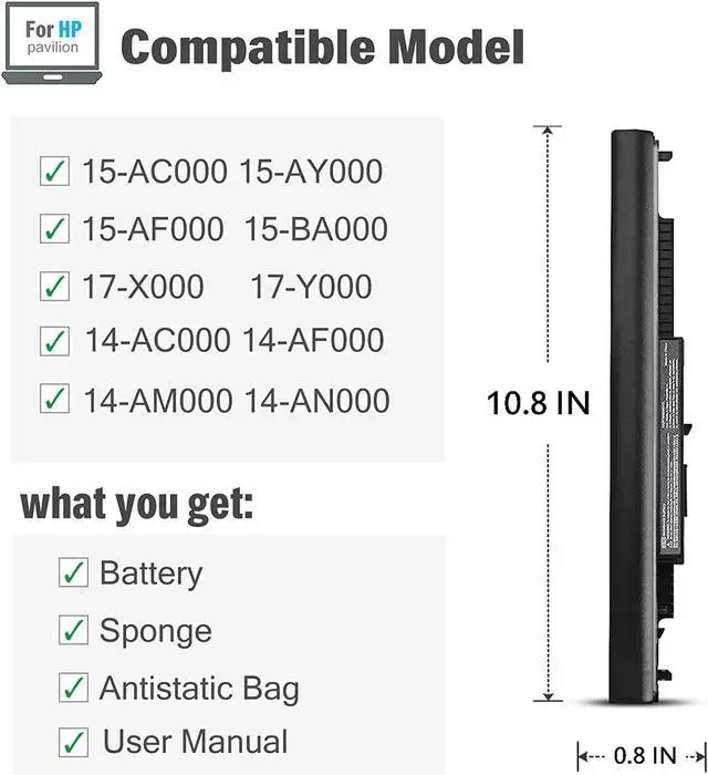 Alt view image 2 of 6 - 807956-001 HS03 Replacement Laptop Battery for HP Pavilion 15-AC 15-AF 15-BA 15-AY Series 15-ac121dx 15-ac130ds 15-ba079dx 15-ba009dx 15-ba113cl 15-af113cl 15-af131ca 15-af112nr 15-af093ng 15-af087nw