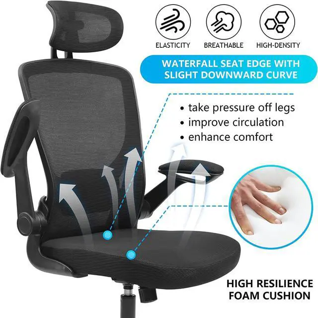 Alt view image 2 of 6 - Ergonomic Office Chair, Breathable Mesh Desk Chair with Headrest and Flip-up Arms for Office,Gaming,Computer Lumbar Support Swivel Task Chair, Adjustable Height,Black