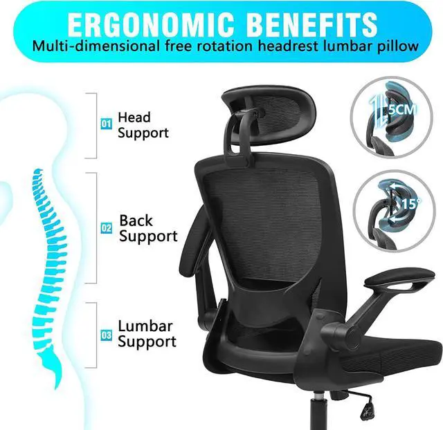 Alt view image 3 of 6 - Ergonomic Office Chair, Breathable Mesh Desk Chair with Headrest and Flip-up Arms for Office,Gaming,Computer Lumbar Support Swivel Task Chair, Adjustable Height,Black