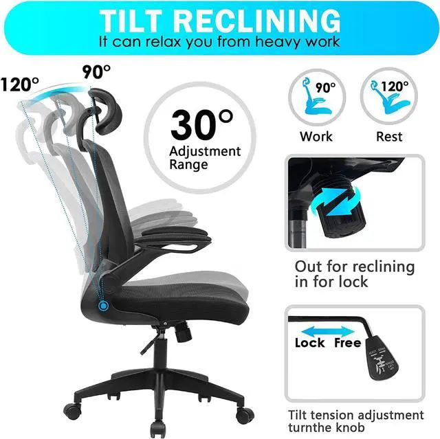 Alt view image 4 of 6 - Ergonomic Office Chair, Breathable Mesh Desk Chair with Headrest and Flip-up Arms for Office,Gaming,Computer Lumbar Support Swivel Task Chair, Adjustable Height,Black