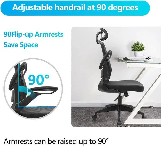 Alt view image 6 of 6 - Ergonomic Office Chair, Breathable Mesh Desk Chair with Headrest and Flip-up Arms for Office,Gaming,Computer Lumbar Support Swivel Task Chair, Adjustable Height,Black