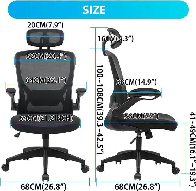 Alt view image 5 of 6 - Ergonomic Office Chair, Breathable Mesh Desk Chair with Headrest and Flip-up Arms for Office,Gaming,Computer Lumbar Support Swivel Task Chair, Adjustable Height,Black