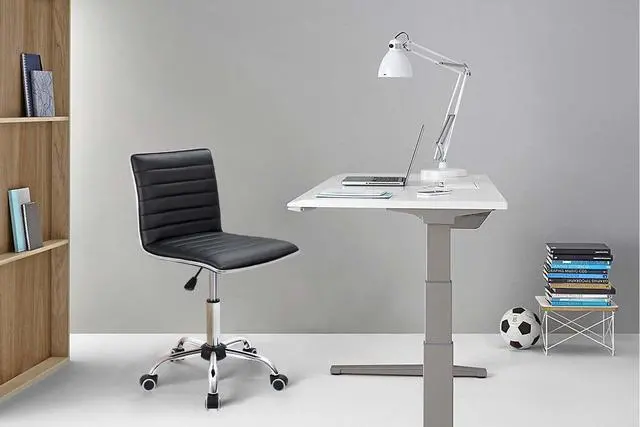 Alt view image 2 of 7 - Furmax Mid Back Task Chair, Low Back Leather Swivel Office Chair, Vanity Chair for Makeup Room, Computer Desk Chair Retro with Armless Ribbed (Black)