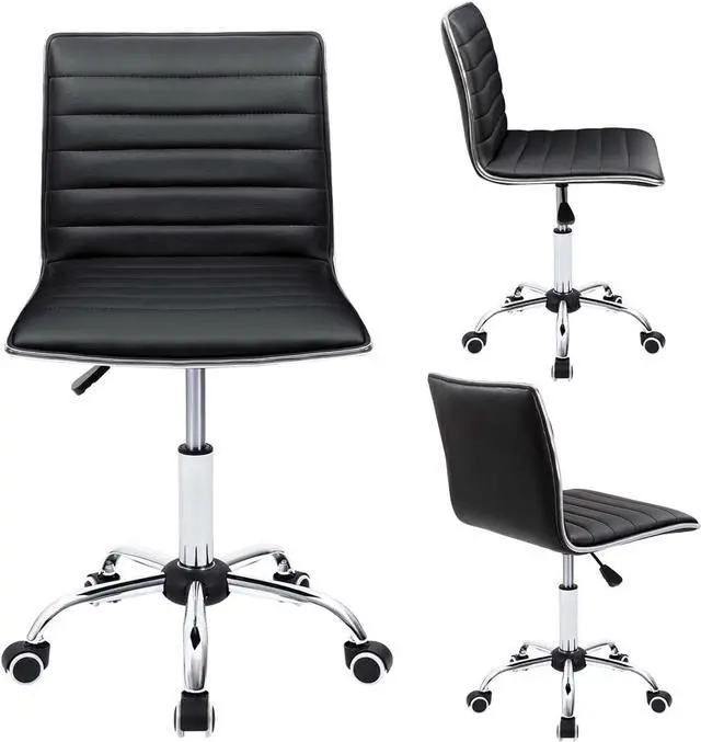 Alt view image 5 of 7 - Furmax Mid Back Task Chair, Low Back Leather Swivel Office Chair, Vanity Chair for Makeup Room, Computer Desk Chair Retro with Armless Ribbed (Black)