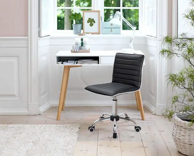 Alt view image 7 of 7 - Furmax Mid Back Task Chair, Low Back Leather Swivel Office Chair, Vanity Chair for Makeup Room, Computer Desk Chair Retro with Armless Ribbed (Black)