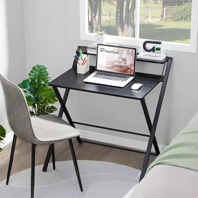 Alt view image 2 of 7 - GreenForest Small Folding Desk No Assembly Required, Fully Unfold 27.3 x 22 inch 2-Tier Computer Desk with Shelf Space Saving Foldable Table for Small Spaces, Black