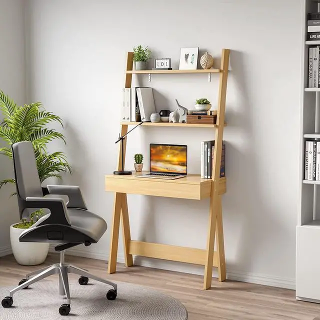 Alt view image 2 of 7 - Tangkula Ladder Desk with Countertop & Drawer, Freestanding 2-Tier Ladder Shelf Desk, Modern Computer Desk Laptop Table with Storage Bookshelf, Anti-Toppling Device (Natural)