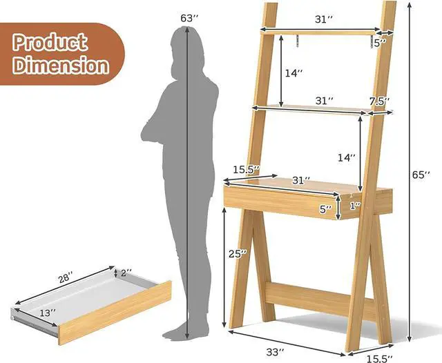 Alt view image 3 of 7 - Tangkula Ladder Desk with Countertop & Drawer, Freestanding 2-Tier Ladder Shelf Desk, Modern Computer Desk Laptop Table with Storage Bookshelf, Anti-Toppling Device (Natural)