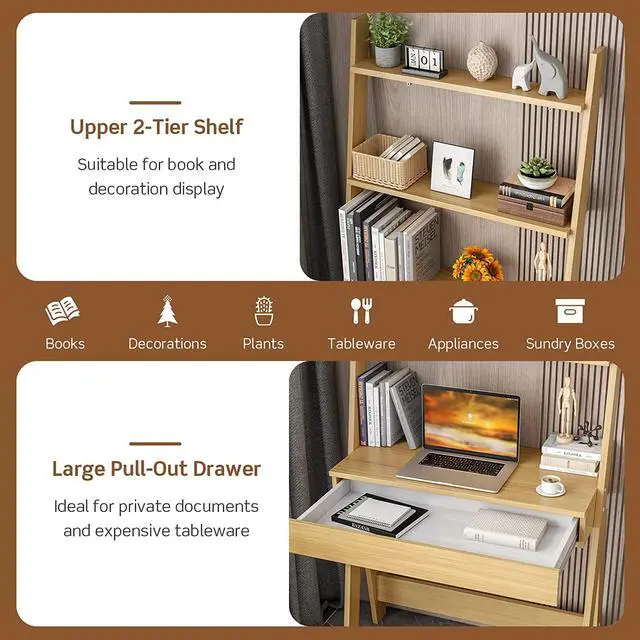 Alt view image 5 of 7 - Tangkula Ladder Desk with Countertop & Drawer, Freestanding 2-Tier Ladder Shelf Desk, Modern Computer Desk Laptop Table with Storage Bookshelf, Anti-Toppling Device (Natural)
