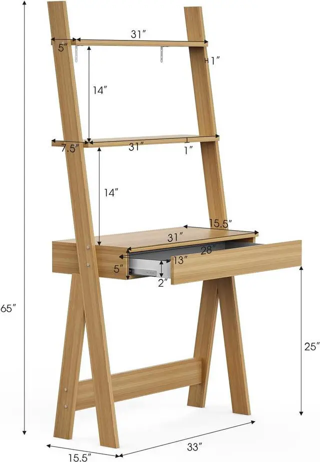 Alt view image 3 of 7 - Giantex 3 Tier Ladder Desk with Drawer, 33" Width Ladder Shelf with Anti-Tipping Device, Freestanding Bookshelf, Natural Leaning Computer Desk with Shelves for Small Space