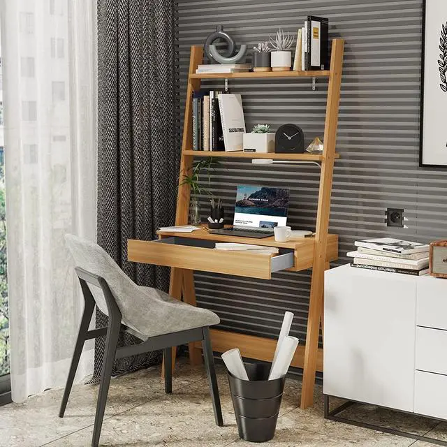 Alt view image 2 of 7 - Giantex 3 Tier Ladder Desk with Drawer, 33" Width Ladder Shelf with Anti-Tipping Device, Freestanding Bookshelf, Natural Leaning Computer Desk with Shelves for Small Space