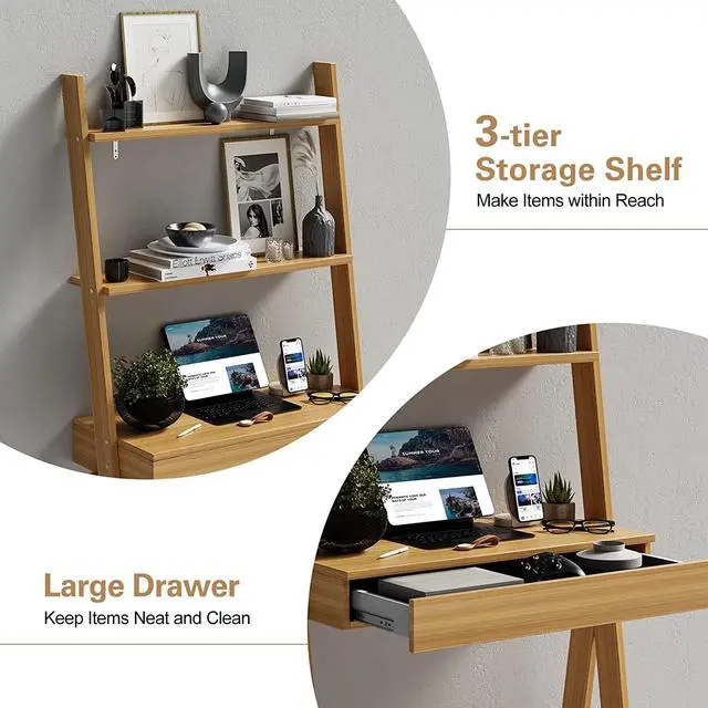 Alt view image 4 of 7 - Giantex 3 Tier Ladder Desk with Drawer, 33" Width Ladder Shelf with Anti-Tipping Device, Freestanding Bookshelf, Natural Leaning Computer Desk with Shelves for Small Space