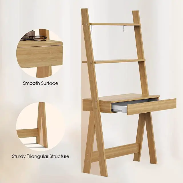 Alt view image 5 of 7 - Giantex 3 Tier Ladder Desk with Drawer, 33" Width Ladder Shelf with Anti-Tipping Device, Freestanding Bookshelf, Natural Leaning Computer Desk with Shelves for Small Space