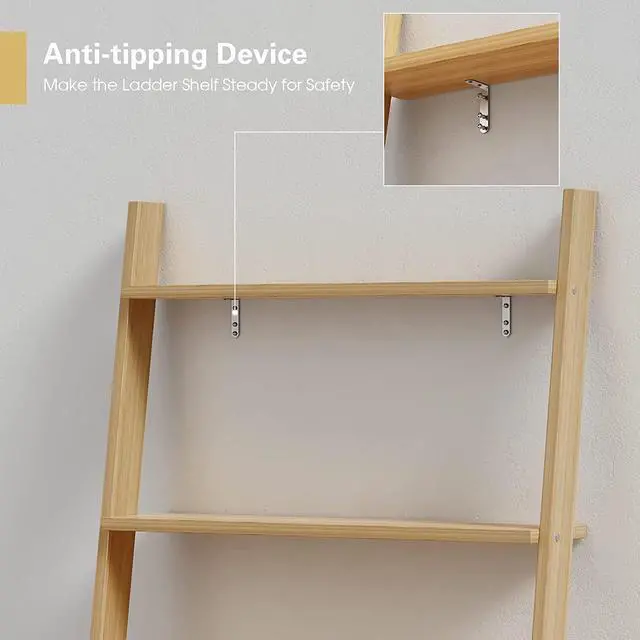 Alt view image 6 of 7 - Giantex 3 Tier Ladder Desk with Drawer, 33" Width Ladder Shelf with Anti-Tipping Device, Freestanding Bookshelf, Natural Leaning Computer Desk with Shelves for Small Space