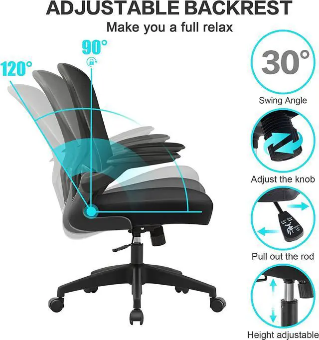 Alt view image 4 of 7 - Office Desk Chairs, Ergonomic PC Desk Chair with Wheels, Adjustable Lumbar Support and Height, Swivel Computer Chair with Flip-up Armrests, Ergo Mesh Backrest for Working (Black)