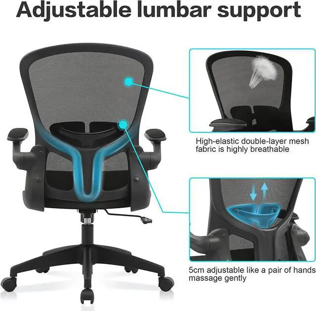Alt view image 6 of 7 - Office Desk Chairs, Ergonomic PC Desk Chair with Wheels, Adjustable Lumbar Support and Height, Swivel Computer Chair with Flip-up Armrests, Ergo Mesh Backrest for Working (Black)