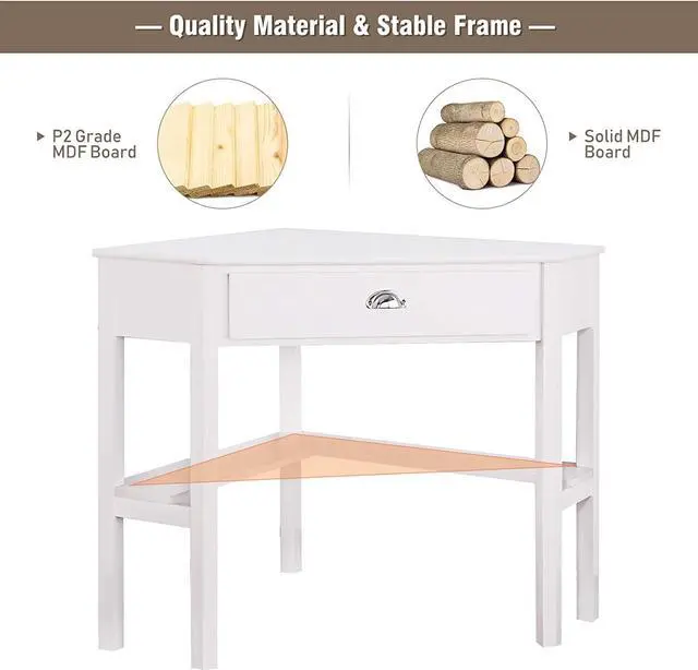 Alt view image 7 of 7 - HOMGX Corner Desk, Writing and Study Corner Computer Desk, Laptop PC Table, Wood Home Office Desk, Small Corner Desk with Storage Drawer, Shelves, Office Study Workstation, White Corner Desk (White)