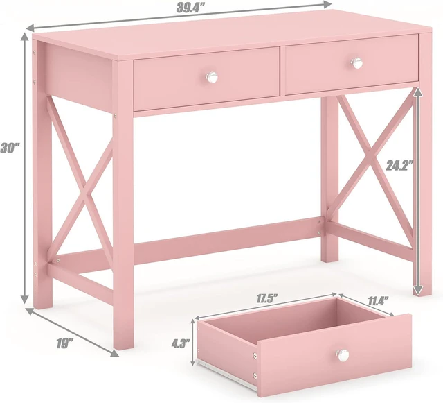 Alt view image 3 of 7 - WiberWi Home Office Desk with Drawers, Modern Writing Computer Desk for Bedroom, Small Makeup Vanity Table Study Table for Home Office,Pink