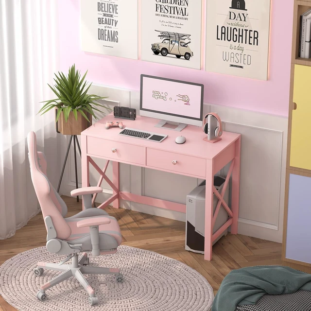 Alt view image 2 of 7 - WiberWi Home Office Desk with Drawers, Modern Writing Computer Desk for Bedroom, Small Makeup Vanity Table Study Table for Home Office,Pink