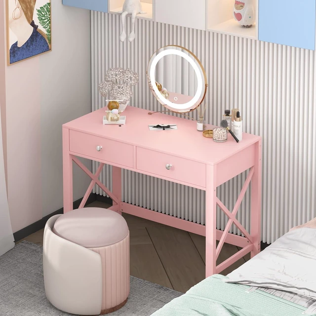 Alt view image 6 of 7 - WiberWi Home Office Desk with Drawers, Modern Writing Computer Desk for Bedroom, Small Makeup Vanity Table Study Table for Home Office,Pink