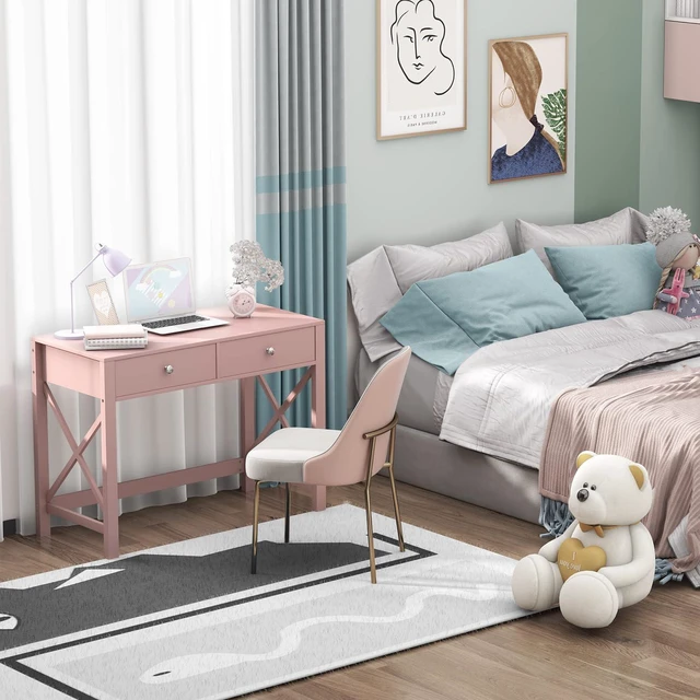 Alt view image 7 of 7 - WiberWi Home Office Desk with Drawers, Modern Writing Computer Desk for Bedroom, Small Makeup Vanity Table Study Table for Home Office,Pink