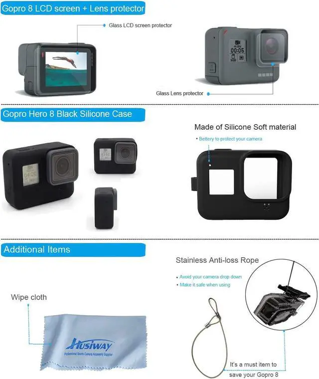 Alt view image 4 of 7 - Action Camera Accessories Kit for Gopro Hero 8 Black Waterproof Housing Silicone Case Glass Screen Protector are Compatible with Gopro8 Hero8 62D
