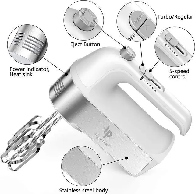 Alt view image 2 of 7 - Hand Mixer Electric, 450W Kitchen Mixers with Scale Cup Storage Case, Turbo Boost/Self-Control Speed + 5 Speed + Eject Button + 5 Stainless Steel Accessories, For Easy Whipping Dough,Cream,Cake