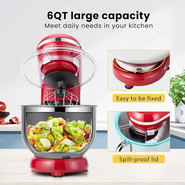 Alt view image 4 of 7 - Stand Mixer, 660W 10 Speed 6 Quart Tilt-Head Kitchen Electric Food Mixer with Beater, Dough Hook, Wire Whip and Egg Separator, Red