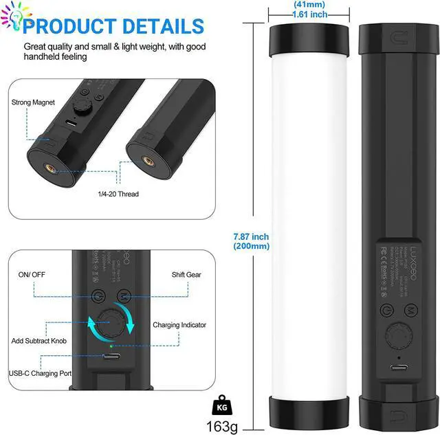 Alt view image 2 of 7 - LUXCEO Handheld Light Wand, Multicolor RGB LED Video Light for Photography, 2000mAh Rechargeable Mini Light Stick for Video Shooting Professional Tube Lights with Magnetic for YouTube, TikTok(Black)