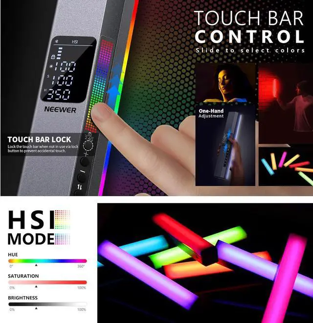 Alt view image 4 of 7 - NEEWER RGB LED Video Light Stick, Touch Bar & APP Control, Magnetic Handheld Photography Light, Dimmable 3200K~5600K CRI98+ Full-Color LED Light with 6400mAh Built-in Battery, 17 Light Scenes - RGB1