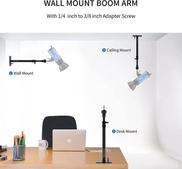 Alt view image 4 of 6 - Meking Photography Camera Wall Mount Boom Arm, Ceiling Wall Mounting | Up to 22 in for Photo Video Studio Strobe Light, Softbox, Overhead Mount, with 3/8 1/4 Thread, 2 Pack