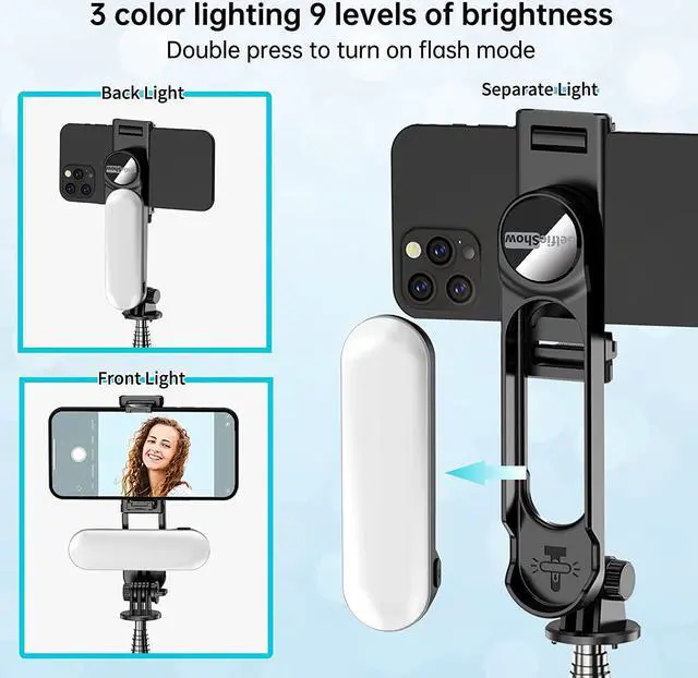 Alt view image 3 of 7 - Stable Selfie Stick Tripod with Fill Light, 44 Inch Extendable Selfie Stick with Wireless Remote and Tripod Stand 360 Rotation for iPhone 15/14/13/12/11 Pro/XS Max/XS/XR/X/8/7, Samsung and Smartphone