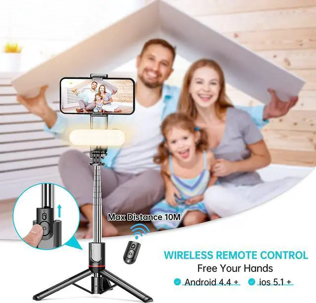 Alt view image 4 of 7 - Stable Selfie Stick Tripod with Fill Light, 44 Inch Extendable Selfie Stick with Wireless Remote and Tripod Stand 360 Rotation for iPhone 15/14/13/12/11 Pro/XS Max/XS/XR/X/8/7, Samsung and Smartphone
