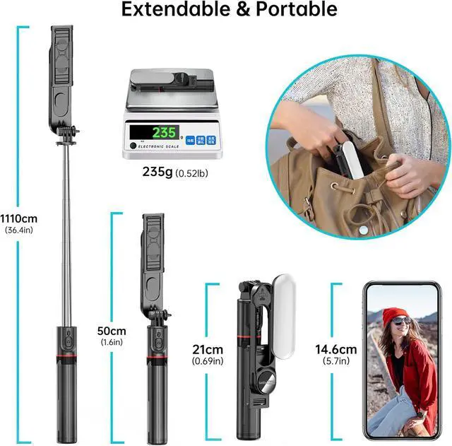 Alt view image 7 of 7 - Stable Selfie Stick Tripod with Fill Light, 44 Inch Extendable Selfie Stick with Wireless Remote and Tripod Stand 360 Rotation for iPhone 15/14/13/12/11 Pro/XS Max/XS/XR/X/8/7, Samsung and Smartphone