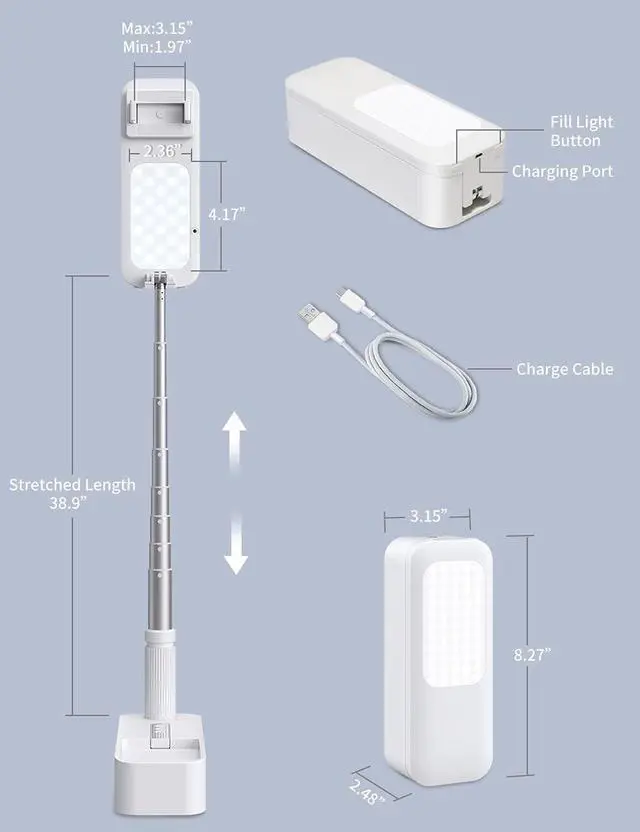 Alt view image 6 of 7 - Extendable Selfie Stand 360° Rotation with Phone Holder, Rechargeable Wireless Foldable 7 Brightness LED Light for Live Streaming/YouTube/Tiktok/Video Recording/Photography/Reading (V6W)